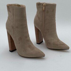 Beige Suede Side Zipper Pointed Toe Casual Block Stacked High Heels Ankle Boots